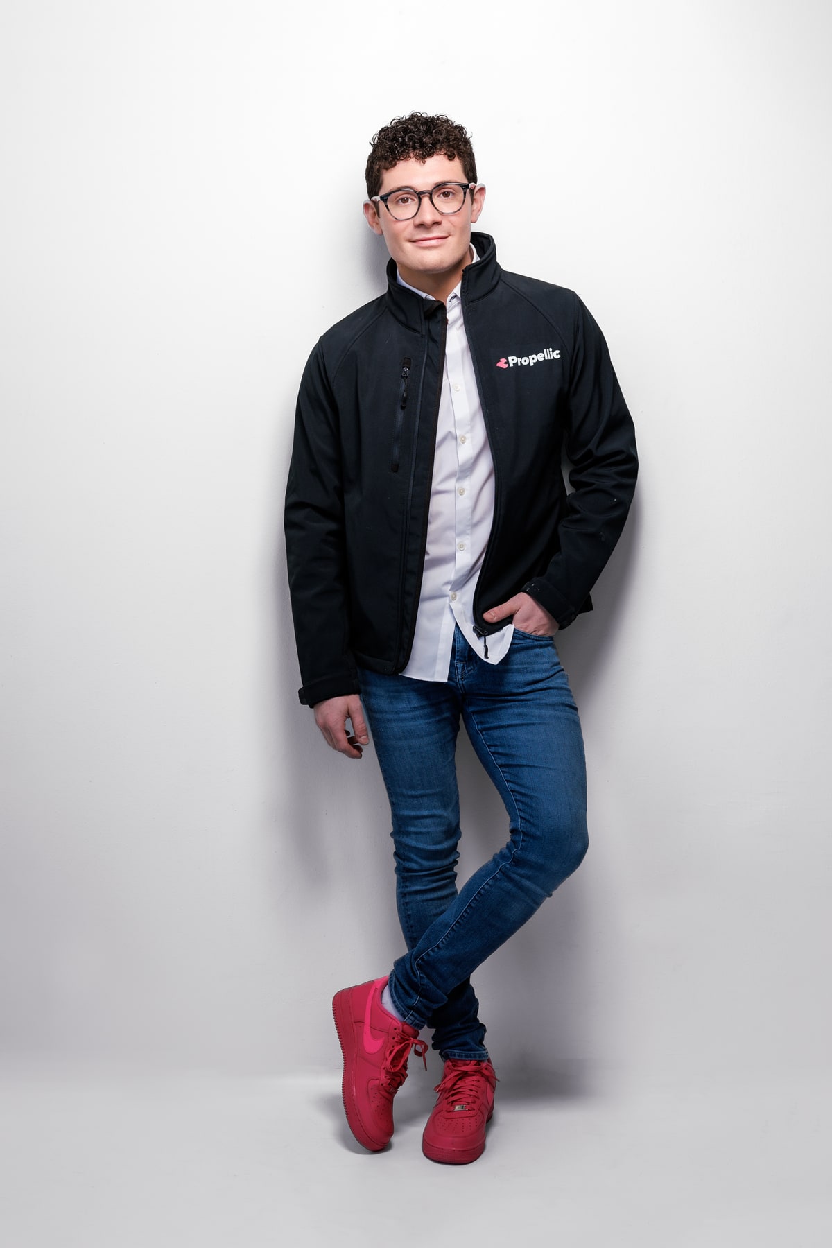 Full-length portrait, Propellic jacket. Brennen Bliss.